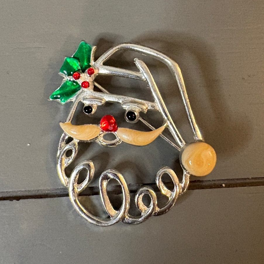 Vintage Santa Claus Brooch Silver Tone, Enamel, Swirled Beard